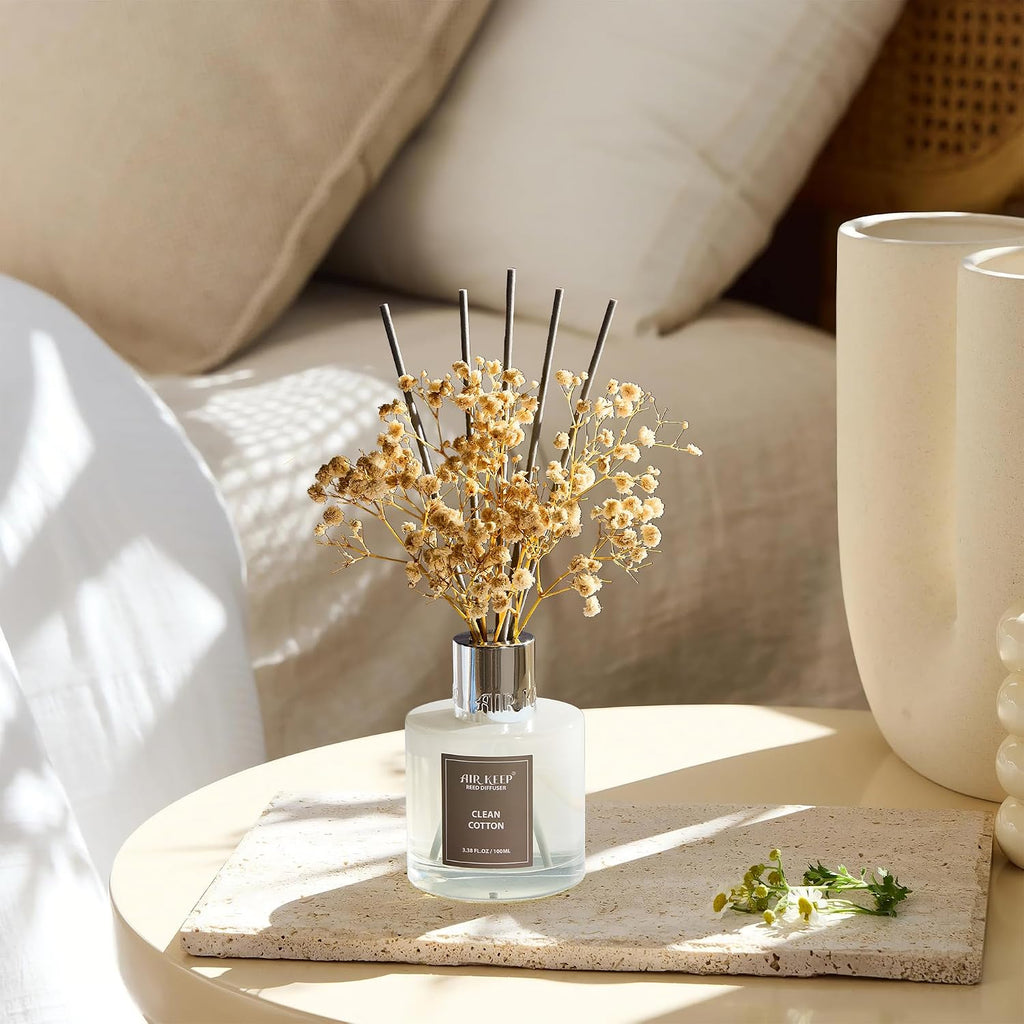 Airkeep Reed Diffuser Set,3.38 fl oz (100 ml) - Clean Cotton Oil Diffusers with 8 Reed Sticks, Home Fragrance Reed Diffuser for Bathroom Shelf Decor