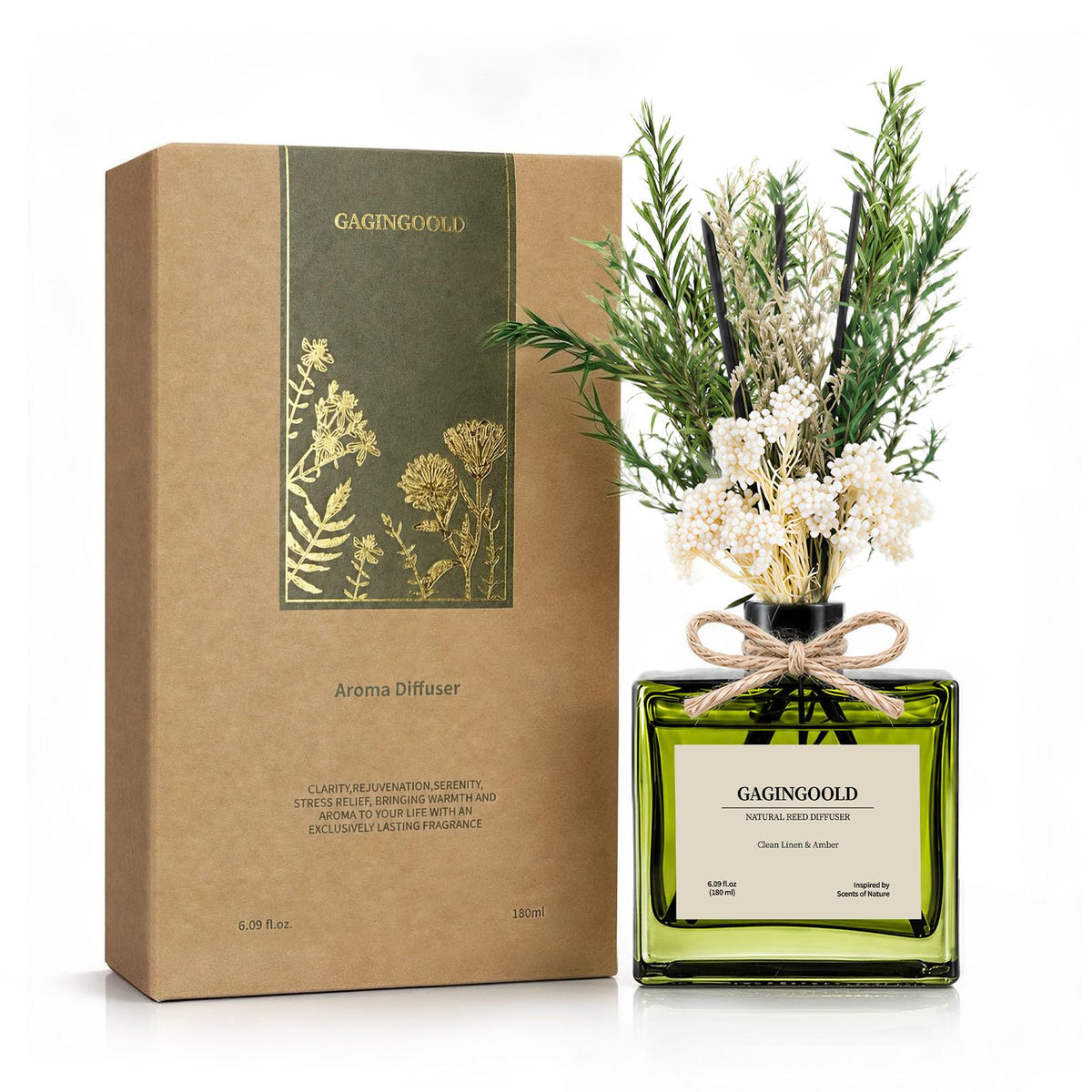 Reed Diffuser, 6.09 oz Earthy Sandalwood Scent Diffuser with Sticks & Dried Flowers, 120 Days Long Lasting diffusers for Home, Elegant Fragrance for Bathroom Bedroom Office Decor Air Fresh