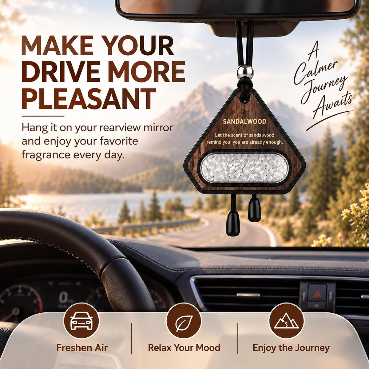 Hanging Car Air Freshener, Solid EVA Beads, Sandalwood, 3 Pack