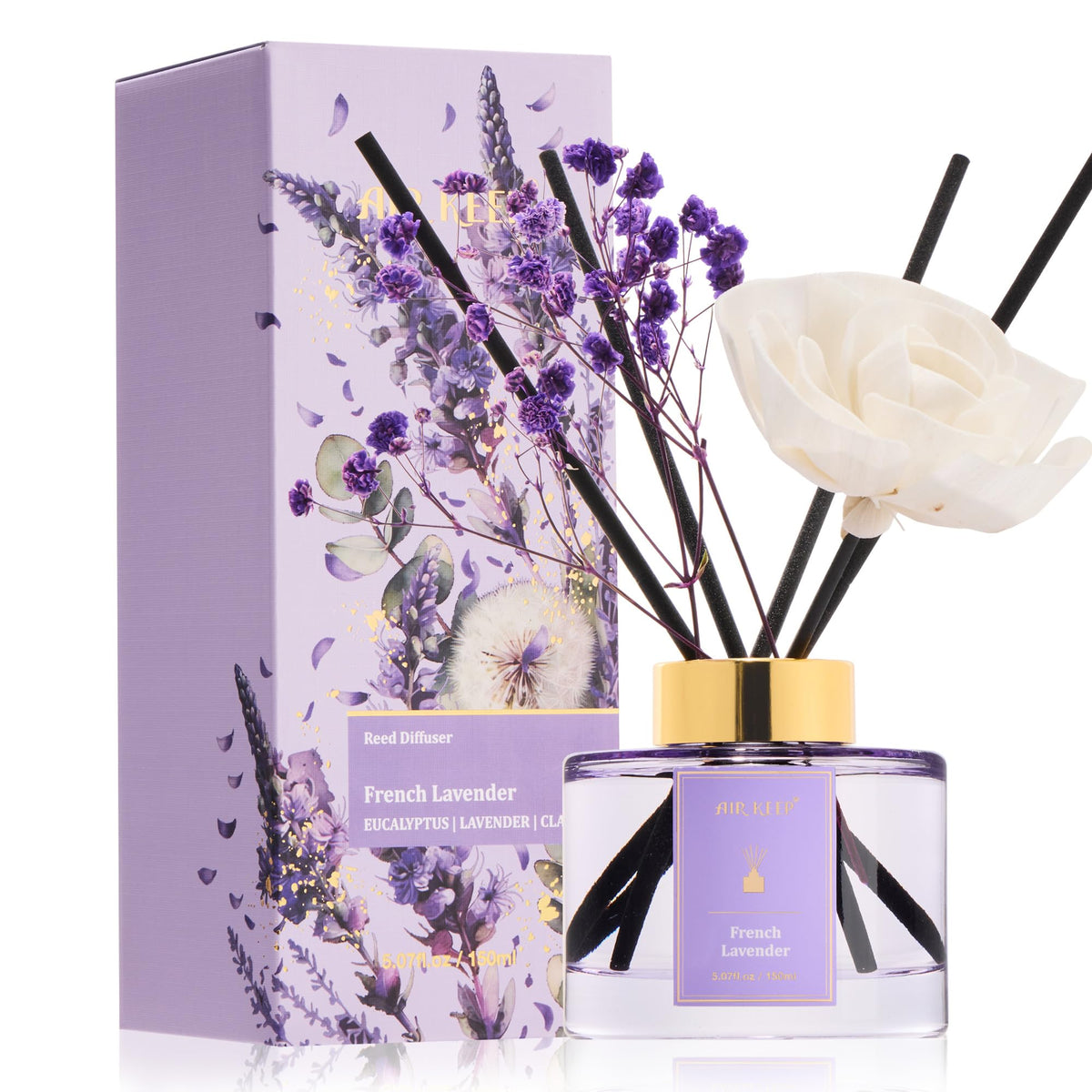Airkeep Flower Reed Diffusers Set, 5.07 oz Clean Aldehydes Musk Scented Oil Diffuser with 8 Reed Sticks, Home Fragrance Diffuser Gift Set for Bathroom & Office Decor 150ml