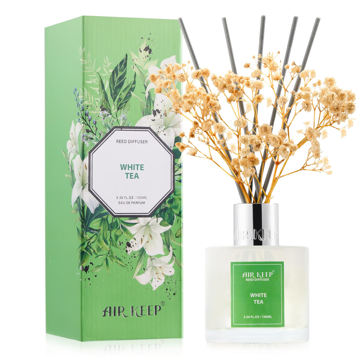 Airkeep Reed Diffuser Set,3.38 fl oz (100 ml) - Clean Cotton Oil Diffusers with 8 Reed Sticks, Home Fragrance Reed Diffuser for Bathroom Shelf Decor