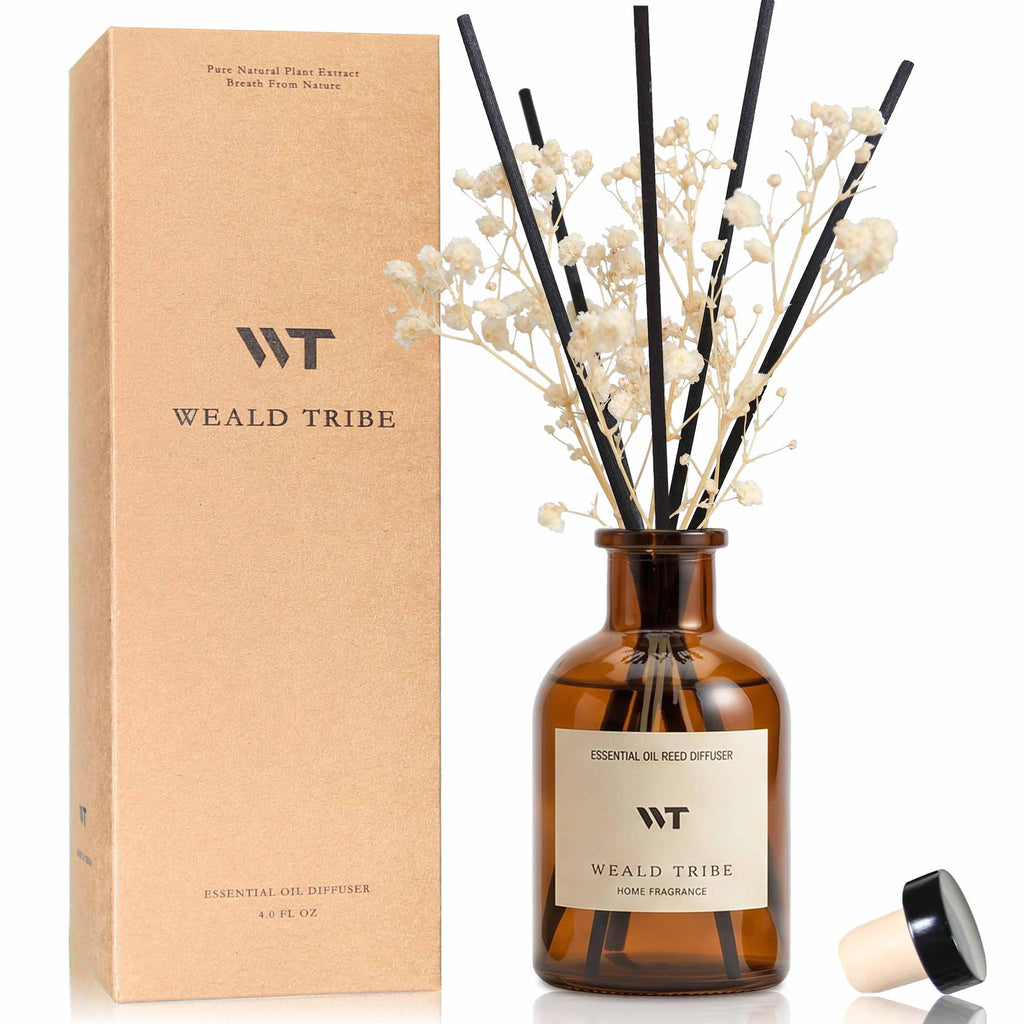 WEALD TRIBE Reed Diffuser Set for Bathroom Air Fresheners, Oil Diffuser Sticks | White Tea Scent 4.0 fl oz Home Fragrance with Sticks Defusers | House Bedroom Office Shelf Decor