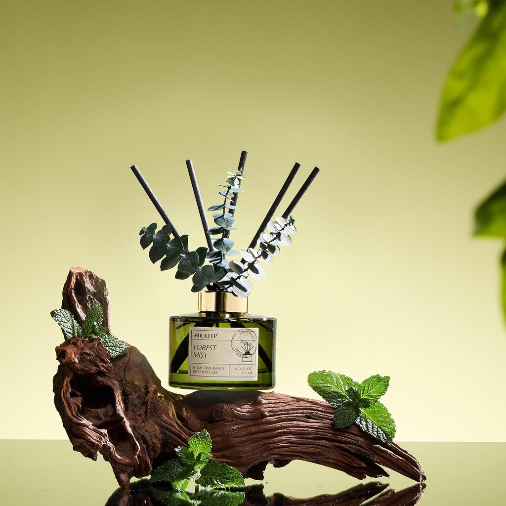 Airkeep Reed Diffuser Set with 6.76 fl oz Forest Mist Scent Essential Oils and 3 Leaves & 8 Diffuser Sticks,Bathroom Shelf Decor & Air Freshener, House Bedroom Office Decor & Gifts
