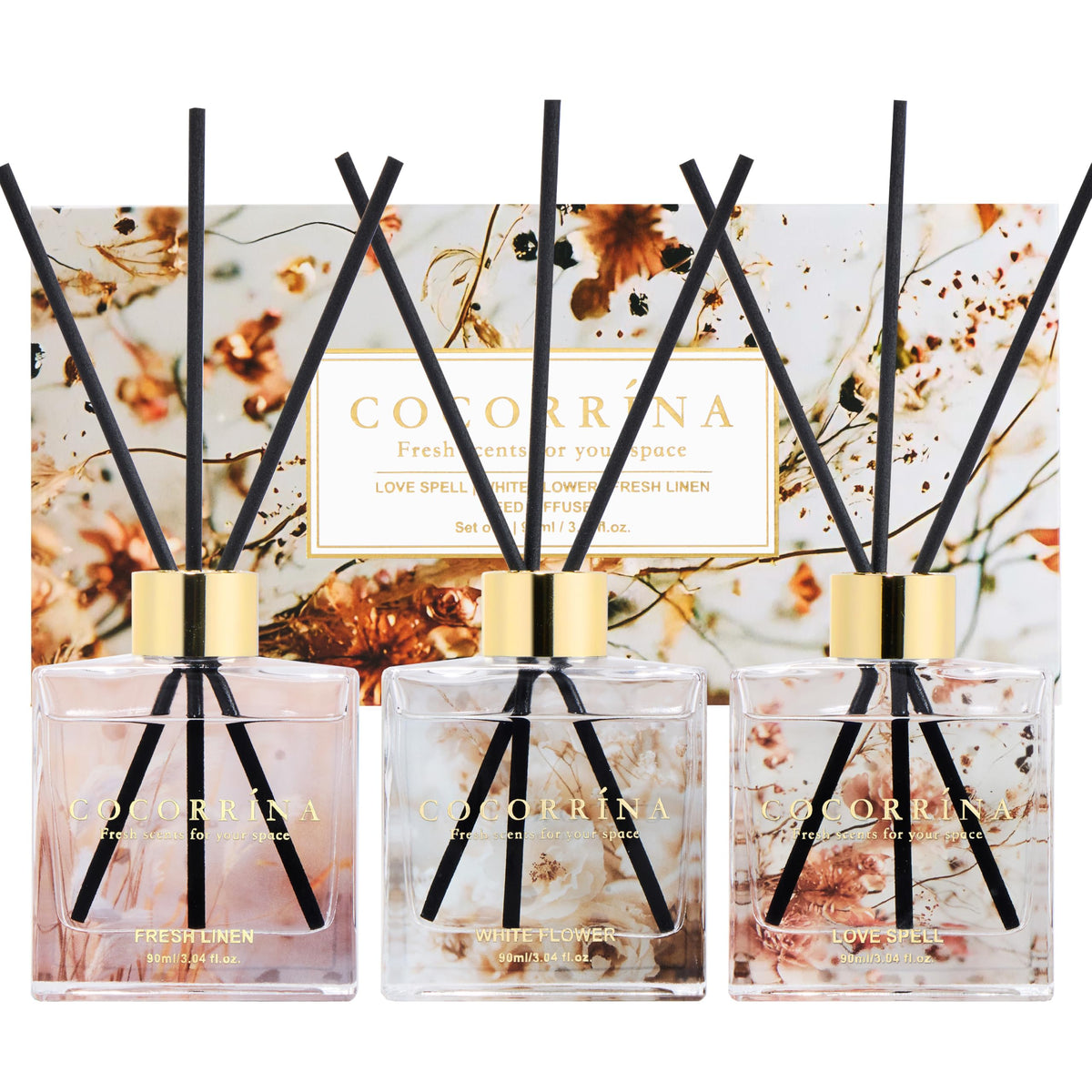 COCORRÍNA Reed Diffuser Set of 3-3 Pack/ 3.04 Fl.oz Diffuser with 24 Sticks Cashmere Vanilla/Sandalwood Rose/Clean Linen Reed Diffuser for Home Bathroom Office Decor
