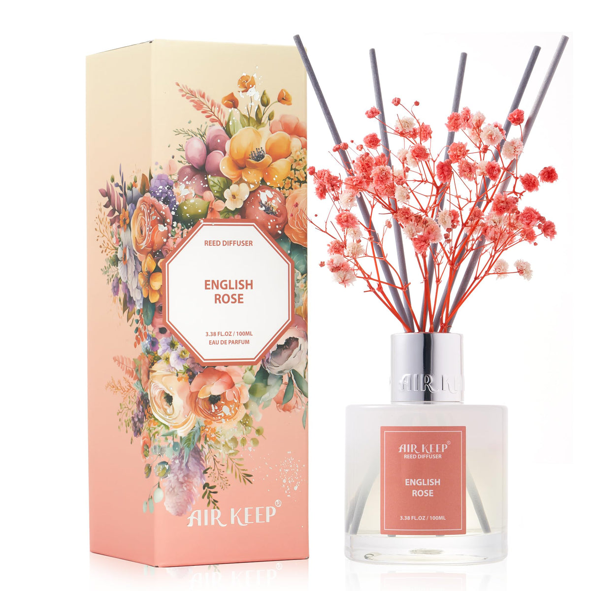 Airkeep Reed Diffuser Set, 3.38 fl oz (100 ml) - Jasmine Lily Lemon Oil Diffusers with 8 Reed Sticks, Home Fragrance Reed Diffuser for Bathroom Shelf Decor