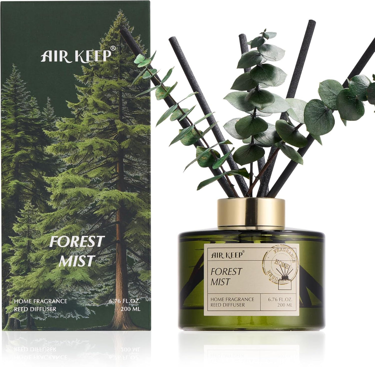 Airkeep Reed Diffuser Set with 6.76 fl oz Forest Mist Scent Essential Oils and 3 Leaves & 8 Diffuser Sticks,Bathroom Shelf Decor & Air Freshener, House Bedroom Office Decor & Gifts