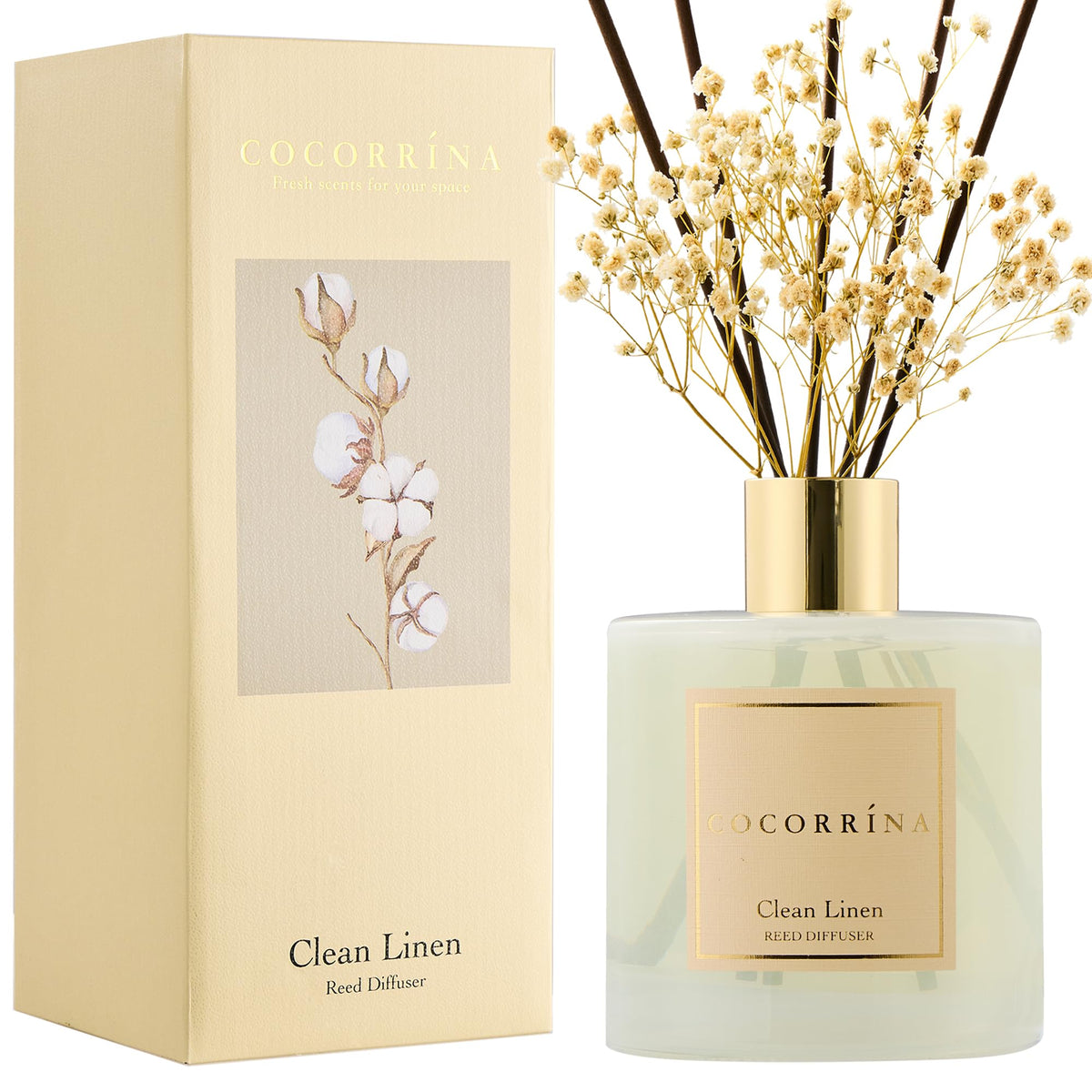 Cocorrína Reed Diffuser Set, Clean Linen 6.7 fl oz Scented Diffuser with Sticks Home Fragrance Reed Diffuser for Bathroom Shelf Décor
