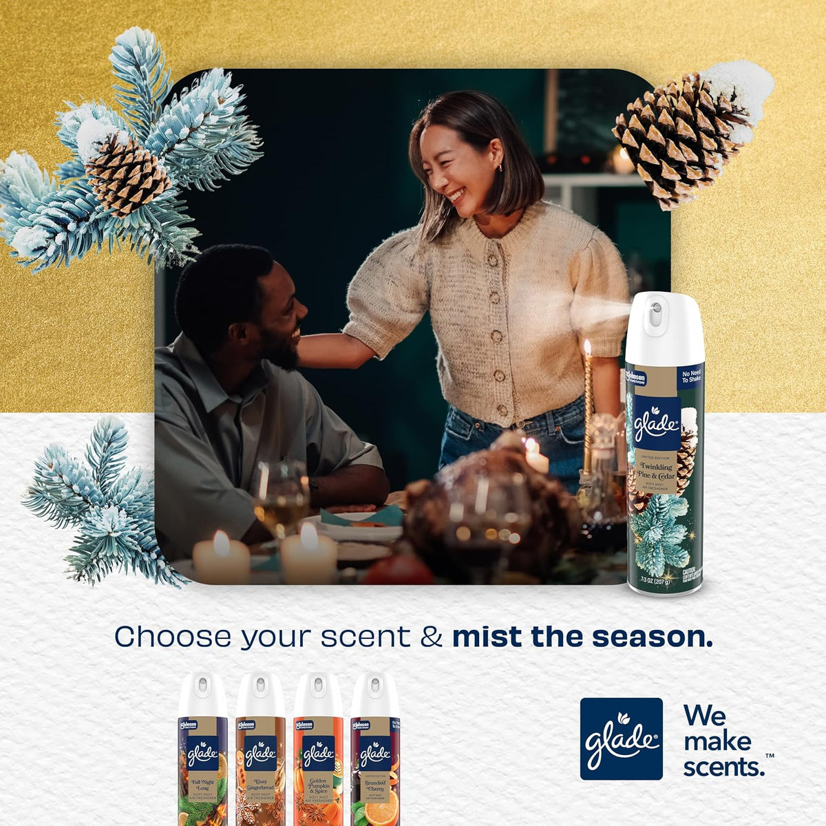 Glade Soft Mist Odor Fighting Aerosol Air Freshener, Twinkling Pine & Cedar, 7.3oz, 6 count