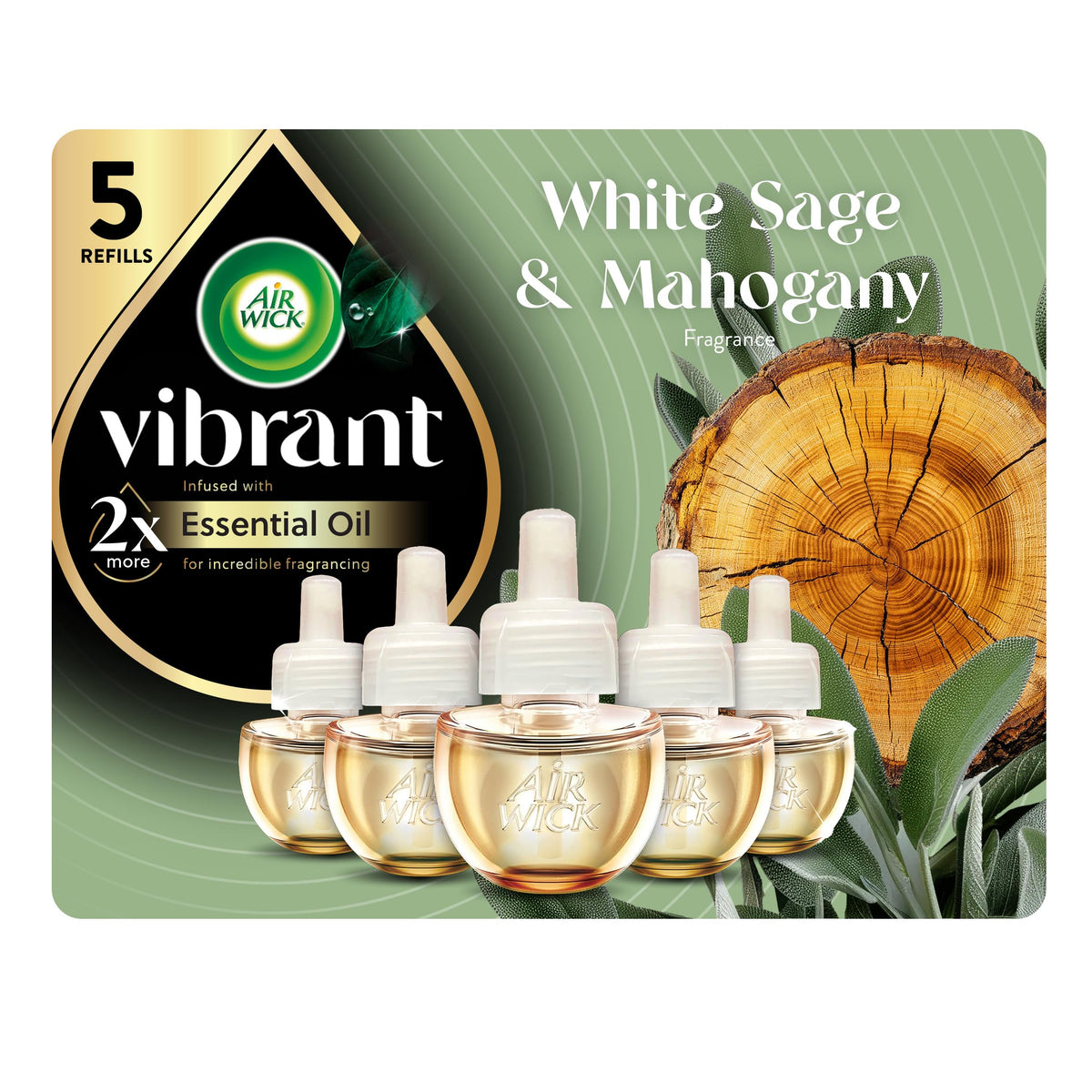 Air Wick Vibrant Plug in Scented Oil Refills, 4 Count, White Sage & Mahogany, Air Fresheners, Essential Oils