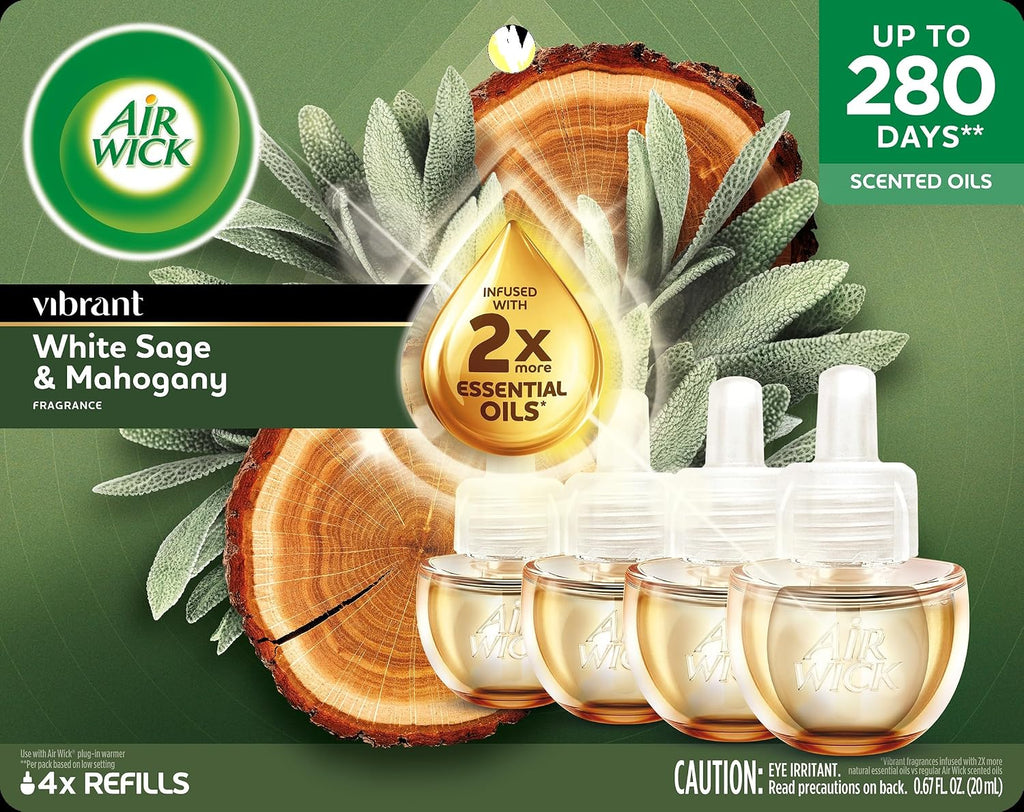 Air Wick Vibrant Plug in Scented Oil Refills, 4 Count, White Sage & Mahogany, Air Fresheners, Essential Oils