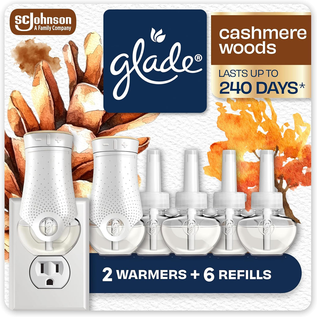 Glade PlugIns Air Freshener Starter Kit, Scented and Essential Oils for Home and Bathroom, Cashmere Woods, 4.02 Fl Oz, 2 Warmers and 6 Refills